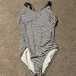 Very cute, dark blue and white stripe bathing suit.